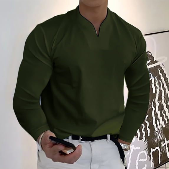 Gephdiin Long Sleeve Shirts for Men Men's T-Shirts Spring Spring &Winter V Neck Solid Long Sleeve Tee Shirt Top Blouse Mens Long Sleeve Tee Shirts Graphic Tees Men Polyester Green L