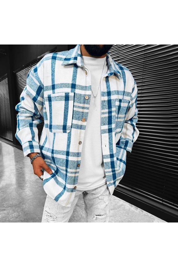 Long Sleeve Shirts for Men Mens Shirts Men's Autumn And Winter Color Plaid Single-Breasted Warm Thick Long-Sleeved Shirt Jacket Mens T-Shirts Shirts for Men Polyester Blue Xxl