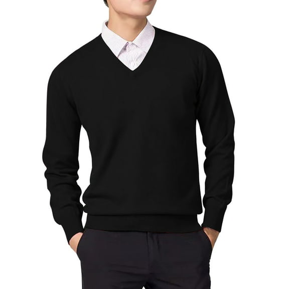 Gephdiin Long Sleeve Shirts for Men Mens Shirts Men's Autumn And Winter Long Sleeved V Neck Solid Casual Loose Fitting Pullover Sweater Mens T-Shirts Shirts for Men Polyester Black M