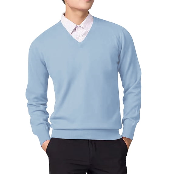 Gephdiin Long Sleeve Shirts for Men Mens Shirts Men's Autumn And Winter Long Sleeved V Neck Solid Casual Loose Fitting Pullover Sweater Mens T-Shirts Shirts for Men Polyester Light Blue L