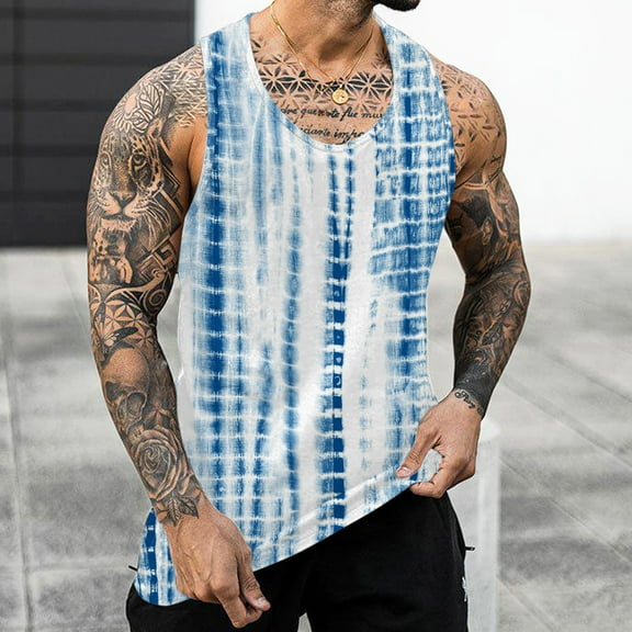 Gephdiin Tank Tops Men Mens Shirts Male Summer Casual Tie Dyed Print Tank Tops Round Neck Sleeveless Vest Blouse Mens Tank Top Mens Compression Tank Top Polyester Blue L