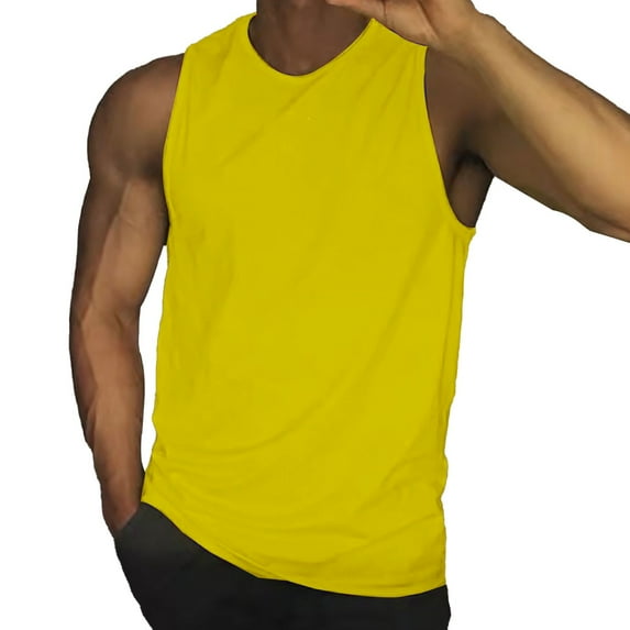 Gephdiin Tank Tops Men Workout Shirts for Men Men's Summer Solid Color Vest Vintage Wash Sleeveless T Shirt Vest Top Athletic Shirts & Tops Mens Compression Tank Top Polyester Z Yellow L