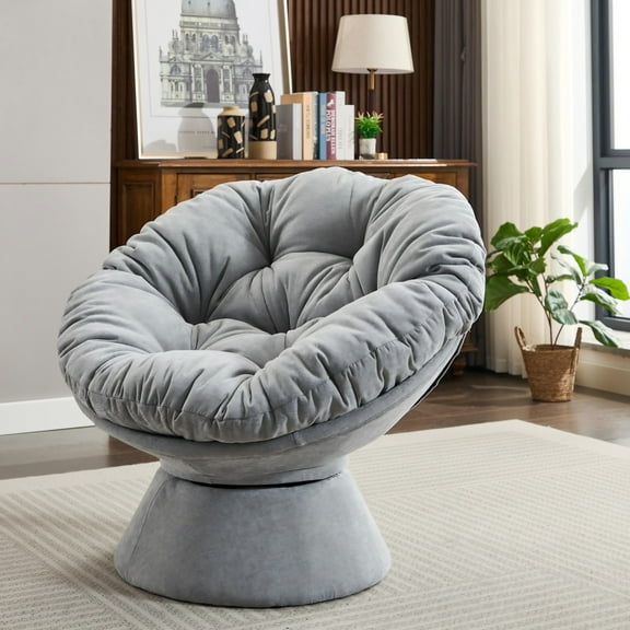 GerYunin Oversized Papasan Chair with Cushion ,360°Swivel Circle Chair for Living Room Bedroom, Light Grey