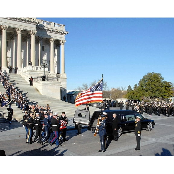 Gerald Ford Casket and Hearse - Style A - 12x18 Inch Laminated Poster - Stunning Detail and Bold Colors