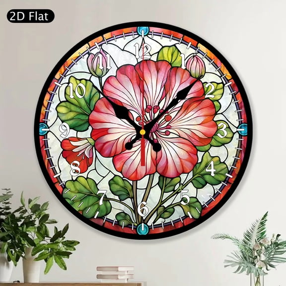 Geranium Floral Bloom Round Wall Clock, MDF Wood Decorative Home Decor Clock for Living Room Kitchen Office