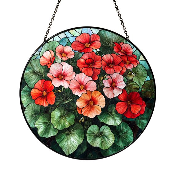 Geranium Flower Glass Suncatcher Window Hanging, Stained Glass Style Garden Floral Home Decor