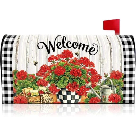 Geranium Flowers Mailbox Cover, 21"x18" Spring Magnetic Mailbox Cover Standard Size, Red Floral Buffalo Plaid Check Post Letter Box Wraps for Outside Holiday Garden Yard Outdoor Home Decor