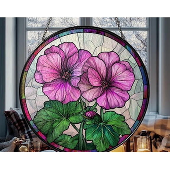 Geranium Glass Suncatcher Round Window Hanging, 3.5 in