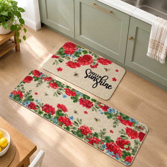 Geranium Pattern Kitchen Mat Set of 2, Non-Slip Rubber Backed Floor Rugs