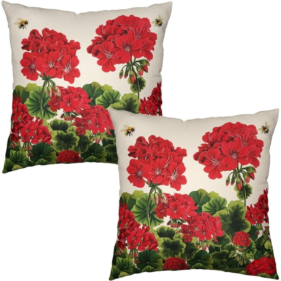 Geranium Spring Summer Pillow Covers 20 x 20 Inch Red Flower Bee Throw Pillows Case Floral Cushion Cover Set of 2 Home Decorations for Sofa Bed Couch Seasonal Farmhouse Outdoor Decor