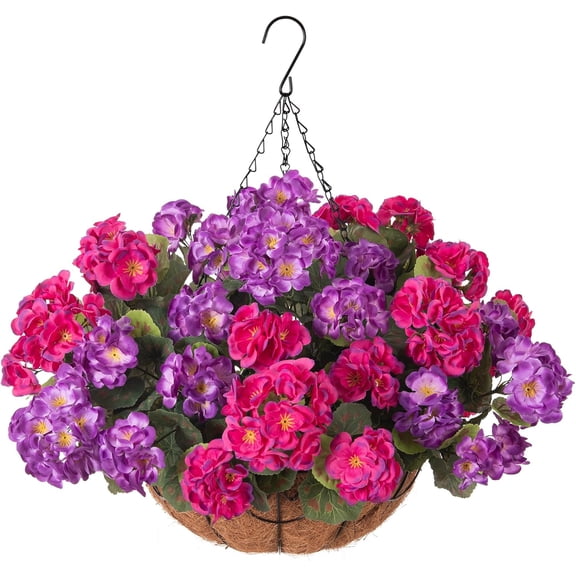 Geraniums Artificial Flowers Hanging Basket for Outdoors Outside Spring Decoration, 8 Bundles Silk Flowers Fake Plants Look Real UV Resistant for Porch Home Patio Balcony Yard, Purple Fuchsia