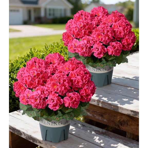 Geraniums Artificial Flowers for Outdoors, 2 Pack Potted Plants Fake Geranium Bush Realistic Fake Flowers UV Resistant Faux Flowers for Outdoor Planters Outside Gardens Front Door Yard Indoor,HotPink