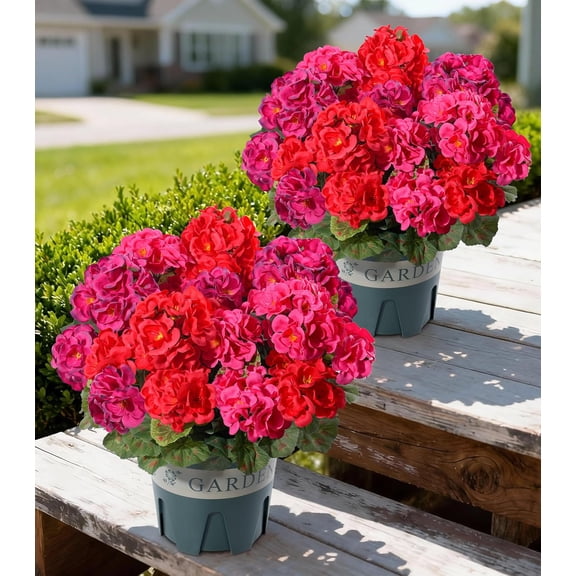 Geraniums Artificial Flowers for Outdoors, 2 Pack Potted Plants Faux Geraniums Bush Artificial Topiaries Realistic UV Resistant Fake Flowers Greenery for Outside Gardens Porch Patio Yard Indoor, Mix
