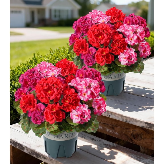 Geraniums Artificial Flowers for Outdoors, 2 Pack Potted Plants Faux Geraniums Bush Artificial Topiaries Realistic UV Resistant Fake Flowers Greenery for Outside Gardens Porch Patio Yard Indoor, Mix