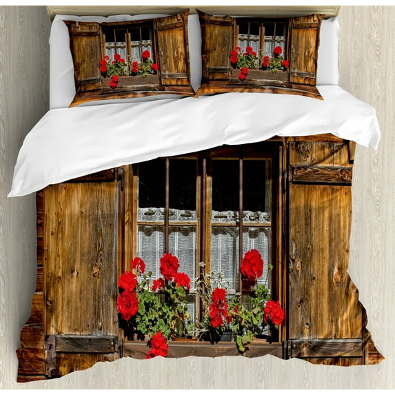 Geraniums Duvet Cover Set, Window with Shutters of Old Wooden Hut Designed with Flowers, Decorative 3 Piece Bedding Set with 2 Pillow Shams, Calking Size, Sand Brown Umber, by Ambesonne