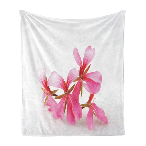 Geraniums Soft Flannel Fleece Throw Blanket, Photo of Summer Blossoms of Single Flowers in Soft Tones Print, Cozy Plush for Indoor and Outdoor Use, 60" x 80", White Pink, by Ambesonne