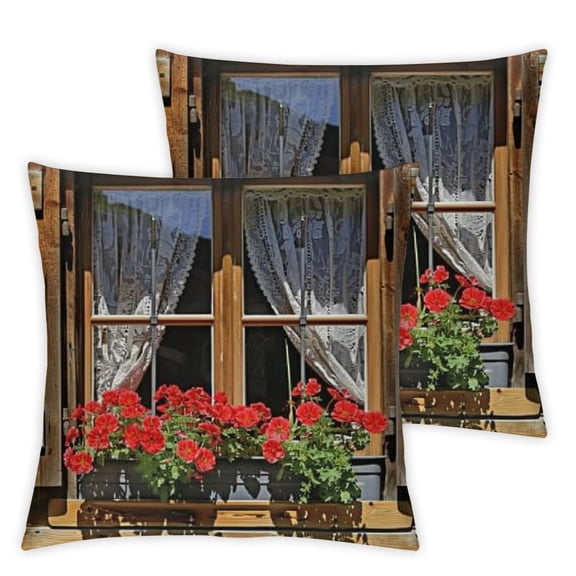 Geraniums Throw Pillow Cushion Cover, Window with Shutters of Old Wooden Hut Designed with Flowers, Decorative Rectangle Accent Pillow Case,Sand Brown Umber