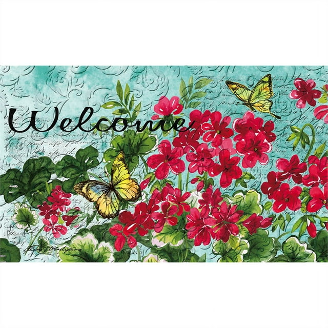 Geraniums and Yellow Butterflies Embossed Floor Mat