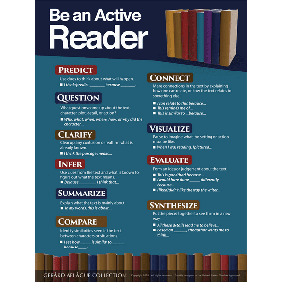 Gerard Aflague Collection 18" x 24" Be An Active Reader - Reading Strategies Poster For Classroom, School, Home-School - Offset Printed - Multicolor