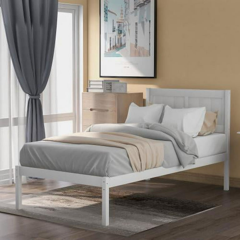 Classic Twin Wood Platform Bed with Headboard No Box Spring Needed White
