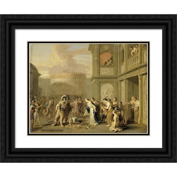 Gerard Hoet 14x12 Black Ornate Wood Framed Double Matted Museum Art Print Titled: Queen Cleophis Offering Wine to Alexander the Great After His Conquest of Mazaka (1670 - 1733)