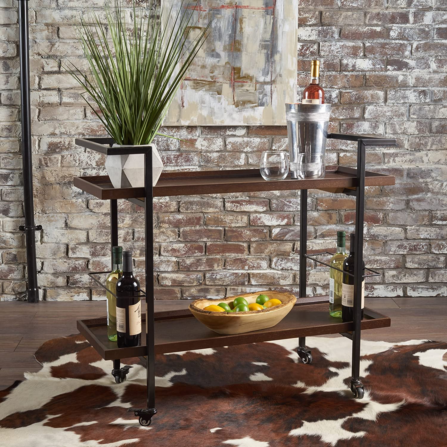 Gerard Dark Walnut and Black Industrial Bar Cart with Storage