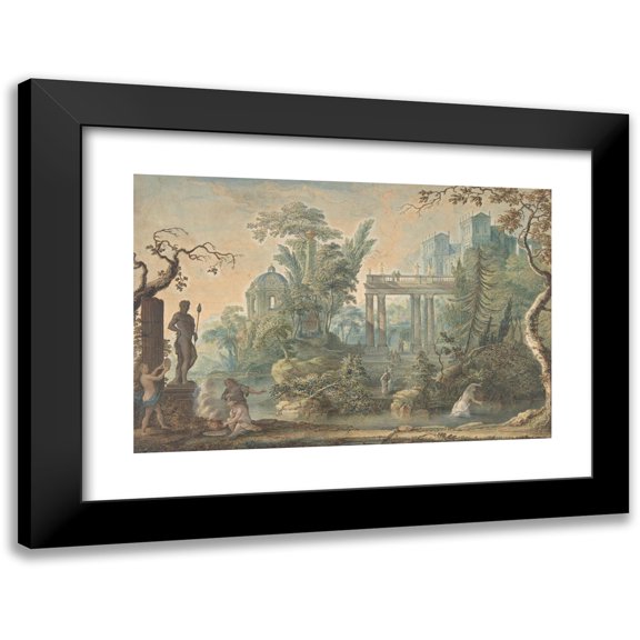 Gerard Melder 14x11 Black Modern Framed Museum Art Print Titled - Arcadian Landscape with Several Figures and a Statue of Apollo (18th Century)