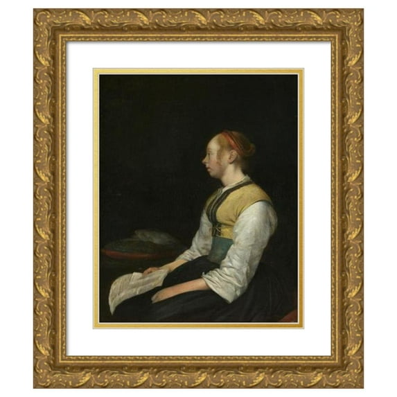 Gerard ter Borch 12x14 Gold Ornate Wood Frame and Double Matted Museum Art Print Titled - Seated Girl in Peasant Costume (C. 1650 - C. 1660)