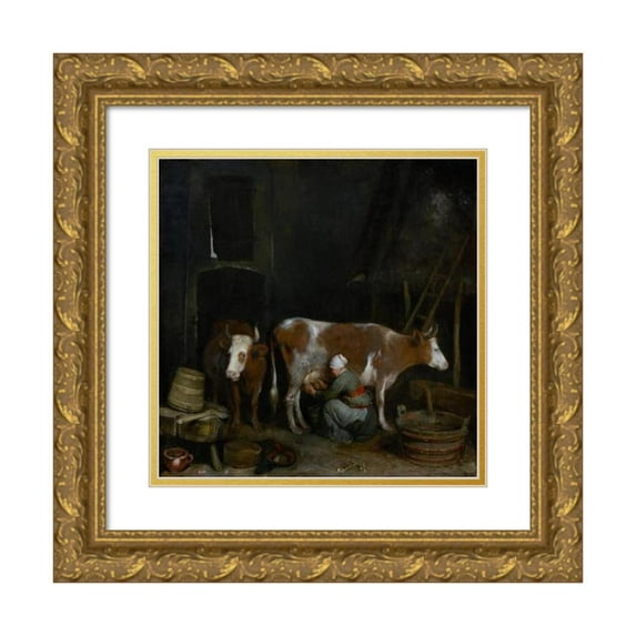 Gerard ter Borch 13x12 Gold Ornate Wood Frame and Double Matted Museum Art Print Titled - A Maid Milking a Cow in a Barn (1652-1654)
