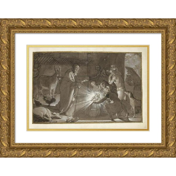 Gerard ter Borch 24x18 Gold Ornate Framed and Double Matted Museum Art Print Titled - Worship by the Shepherds (1624)