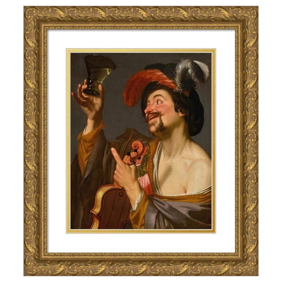 Gerard van Honthorst 12x14 Gold Ornate Wood Frame and Double Matted Museum Art Print Titled - A Merry Violinist Holding a Roemer