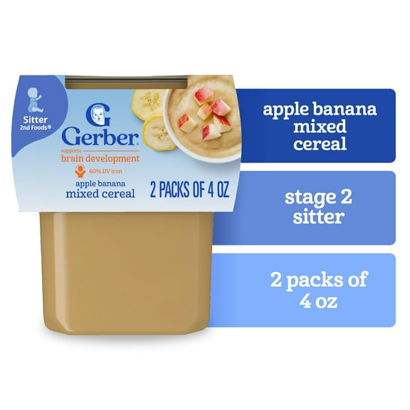 Gerber Stage 2 Baby Food, Apple Banana Mixed Cereal Puree Tubs, Baby Cereal 8 oz
