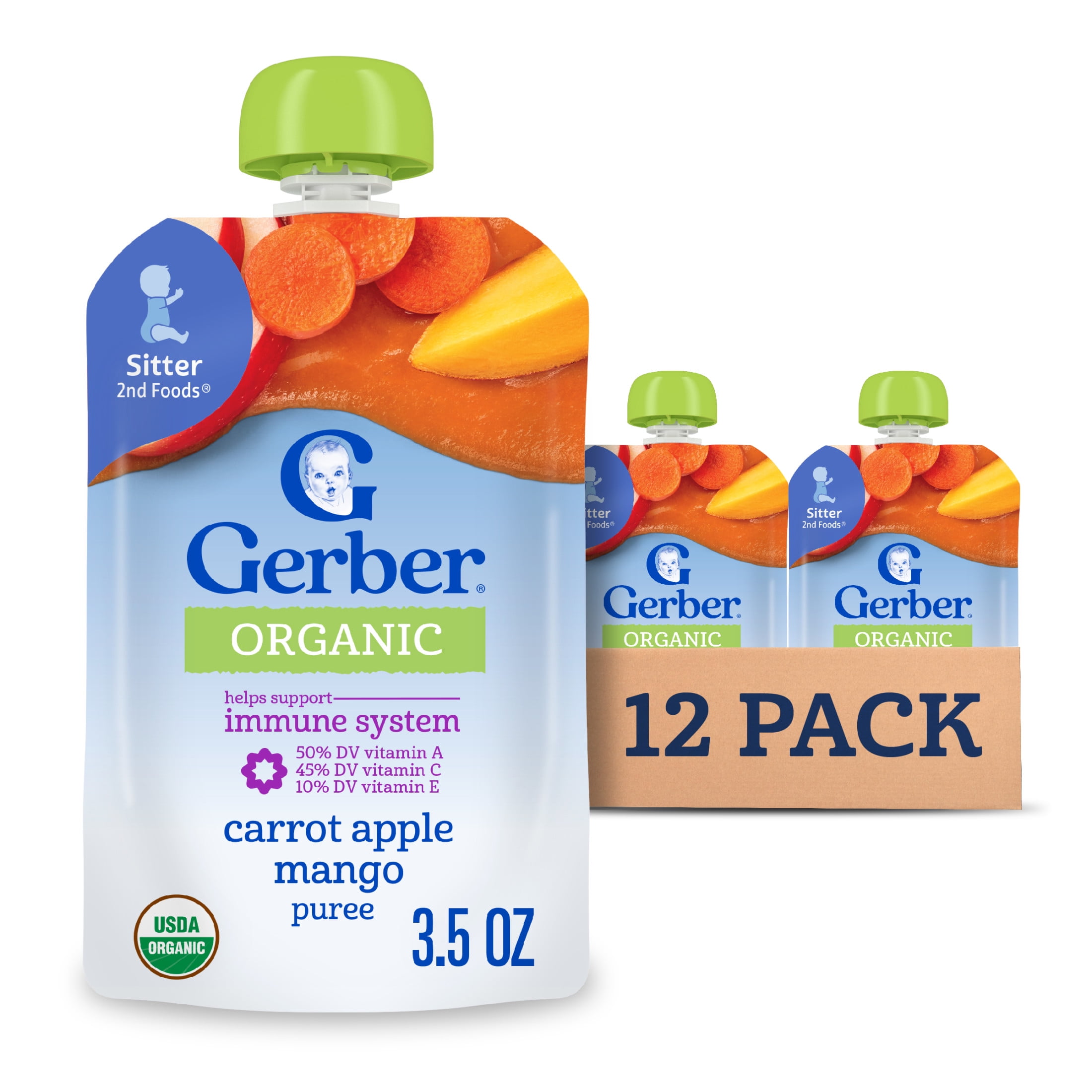 Gerber 2nd Foods Baby Food Organic for Baby Wonder Foods Baby Food, Carrot Apple Mango, 3.5 oz Pouch (12 Pack)