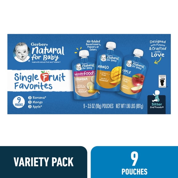 (3 pack) Gerber Stage 2 Baby Food, Single Fruit Puree Variety Pack, 3.5 oz Pouches (9 Pack)