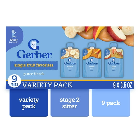 Gerber Stage 2 Baby Food, Single Fruit Puree Variety Pack, 3.5 oz Pouches (9 Pack)​