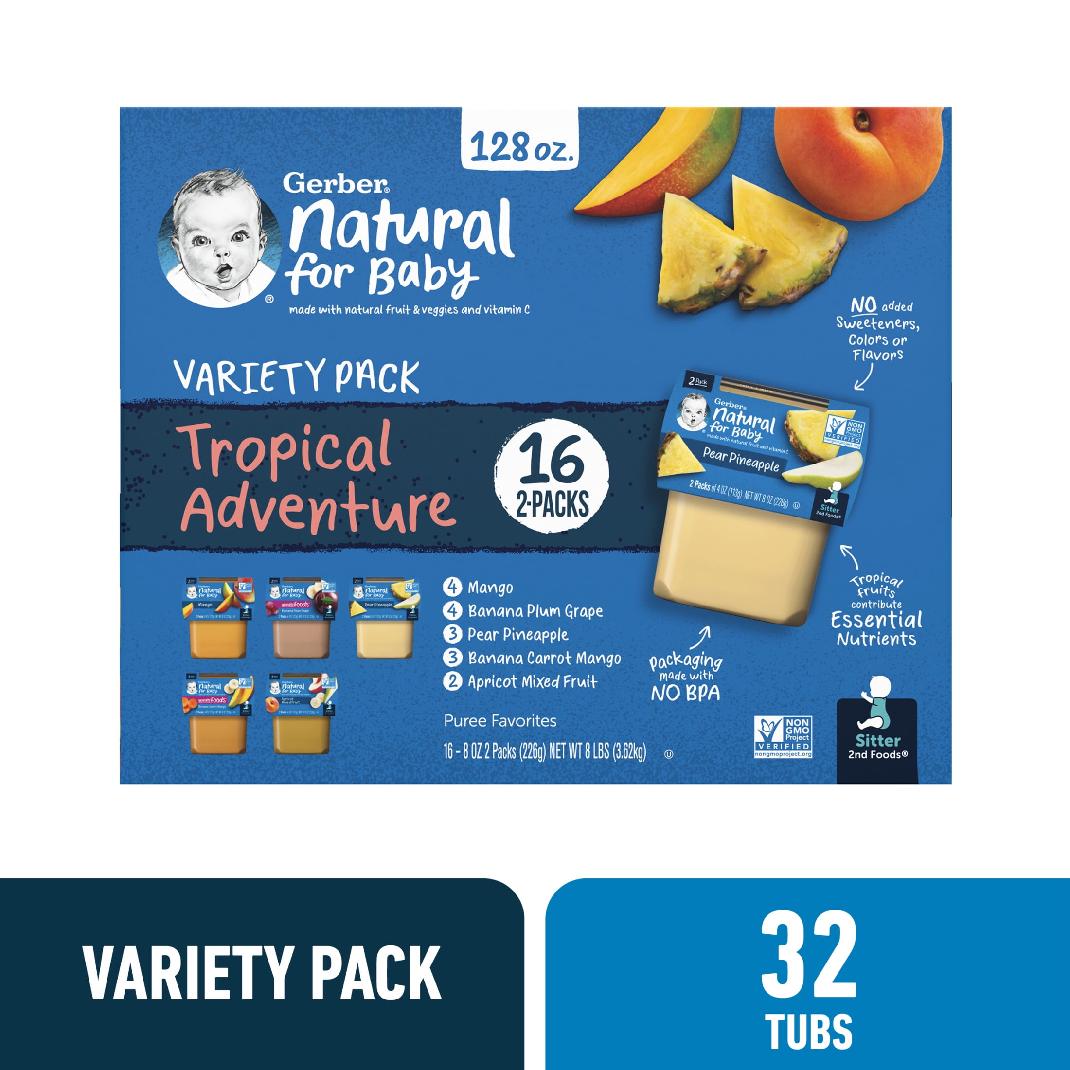 Gerber 2nd Foods Baby Food, Tropical Adventure Variety Pack, 2 oz Tubs (32 Pack)