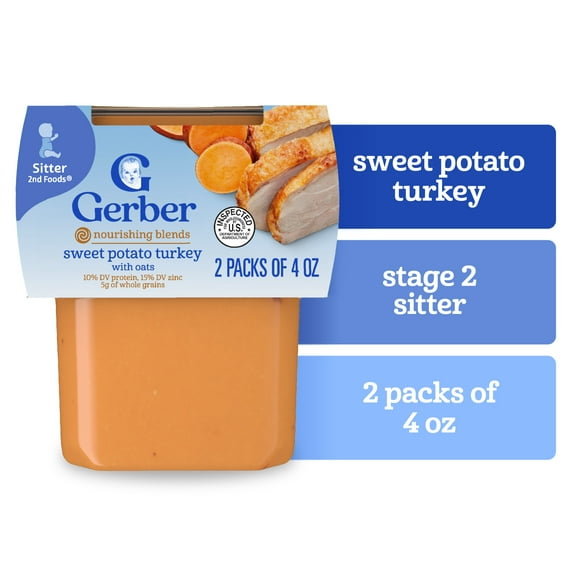 Gerber Stage 2 Baby Food, Sweet Potato Turkey with Oats Puree Tub, Baby Puree, 2PK 8 oz
