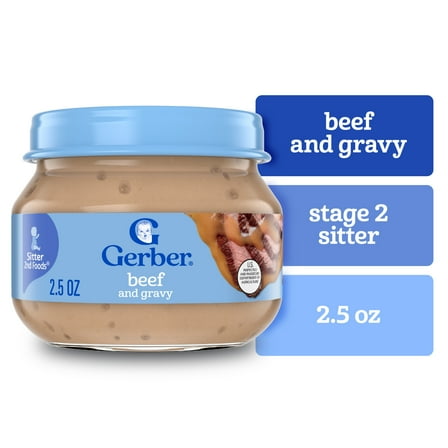 Gerber Stage 2 Baby Food, Baby Mealtime Beef and Gravy Jar, Baby Puree Jars Glass 2.5 oz