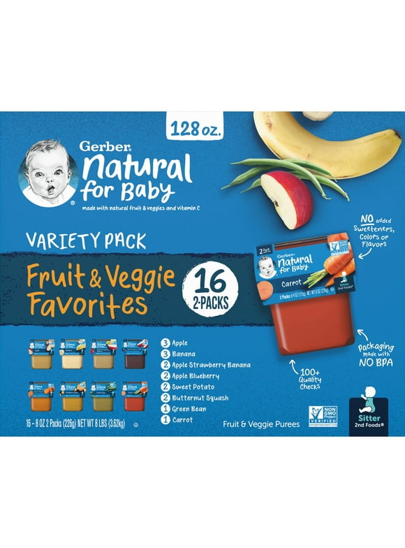 Gerber 2nd Foods Natural for Baby Fruit & Veggie Favorites, Variety Pack, 4 oz Tubs (32 Pack)