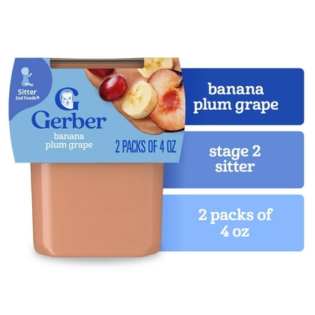 (4 pack) (4 Pack) Gerber 2nd Foods Banana Plum Grape Baby Food, 4 oz. Tubs, 2 Count