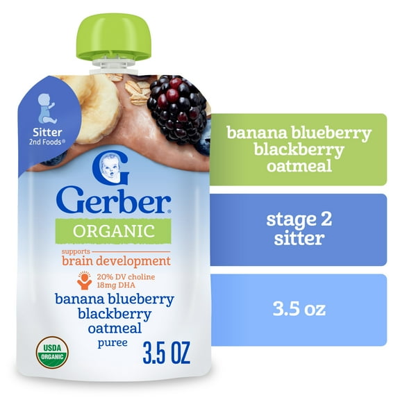 Gerber Stage 2 Baby Food, Organic Banana Blueberry Blackberry Oatmeal, Baby Puree