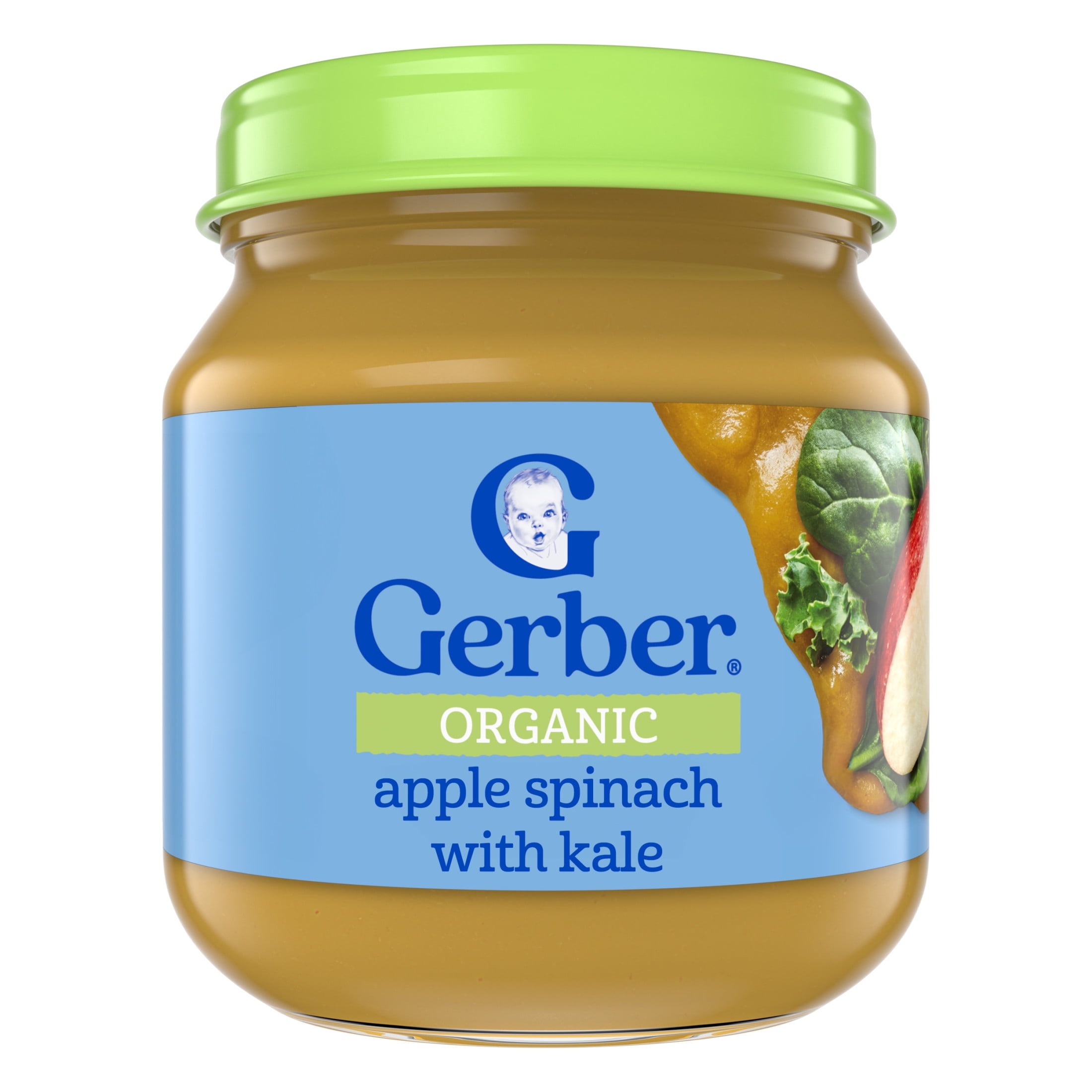 Gerber Organic Stage 2 Baby Food, Apple Spinach Kale Puree, 4 oz Jar (10 Pack)