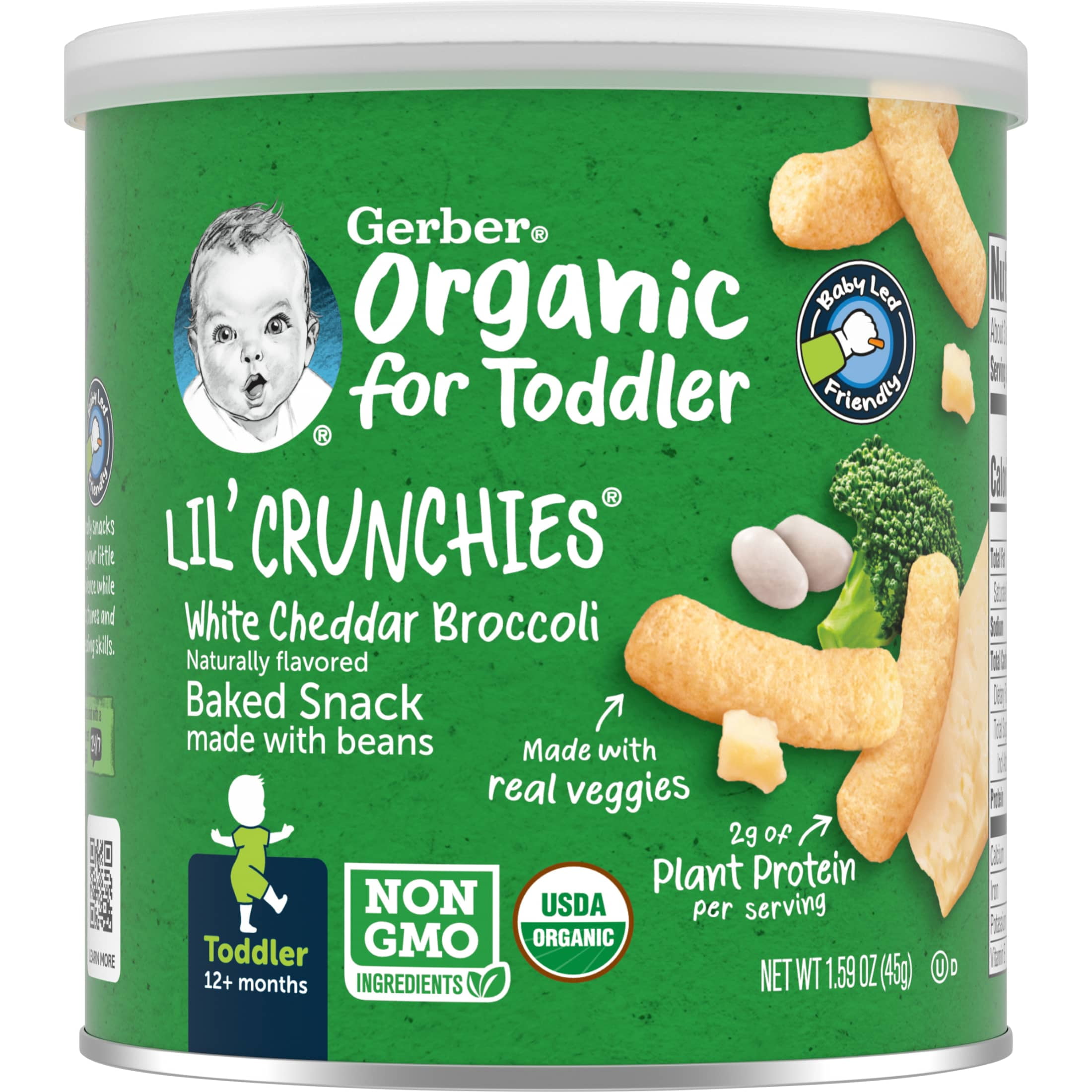 Gerber Toddler Baby Snack, White Cheddar Broccoli Crunchies, 1.59 oz Canister