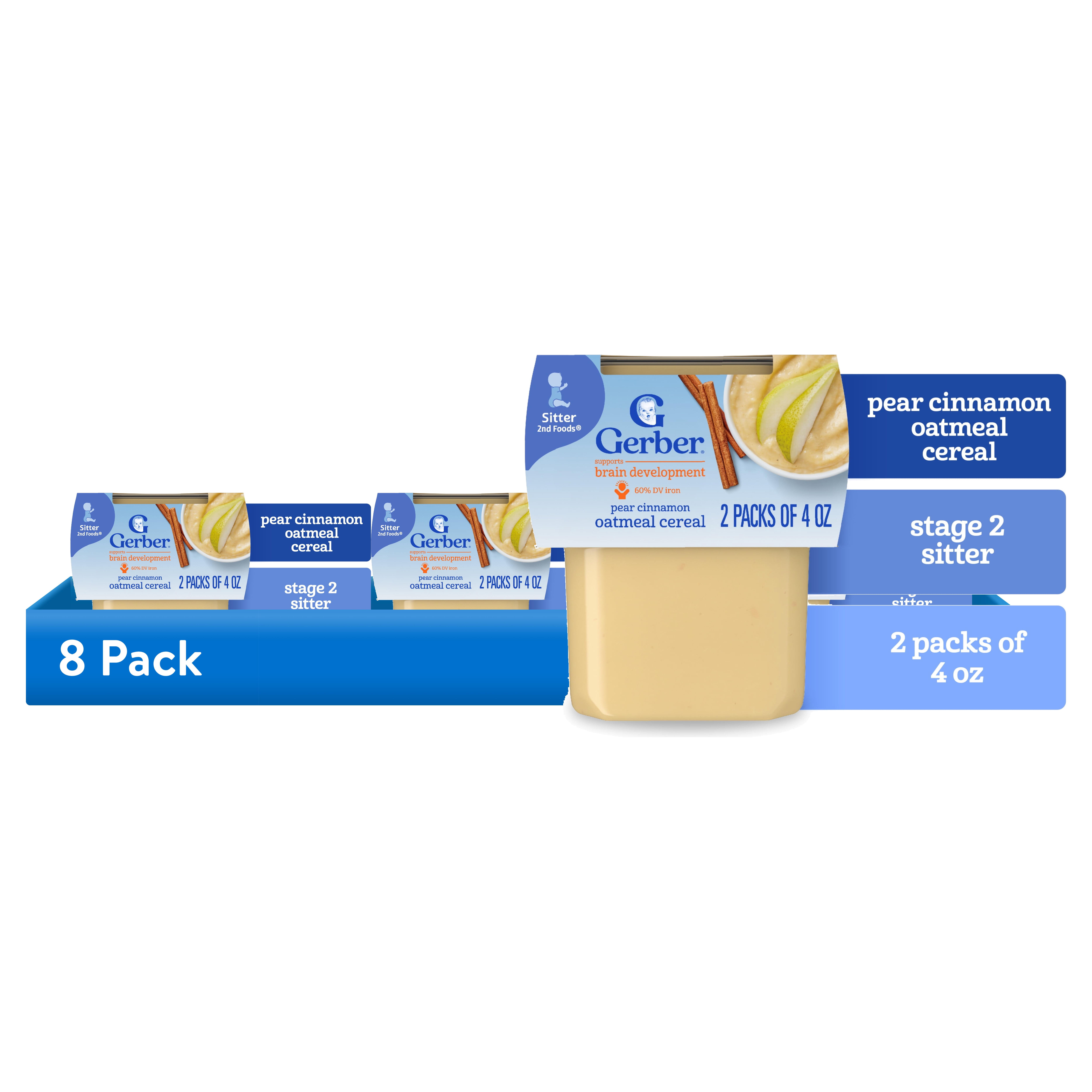(8 pack) (8 pack) Gerber Stage 2 Baby Food, Pear Cinnamon Oatmeal Cereal Tubs, Baby Oatmeal, 16PK