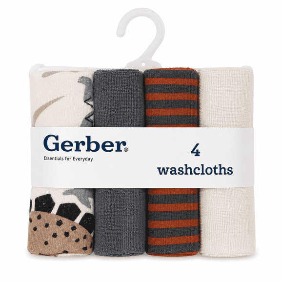 Gerber 4-pack Dino Washcloth Soft, Gentle Baby Boy Bath Time