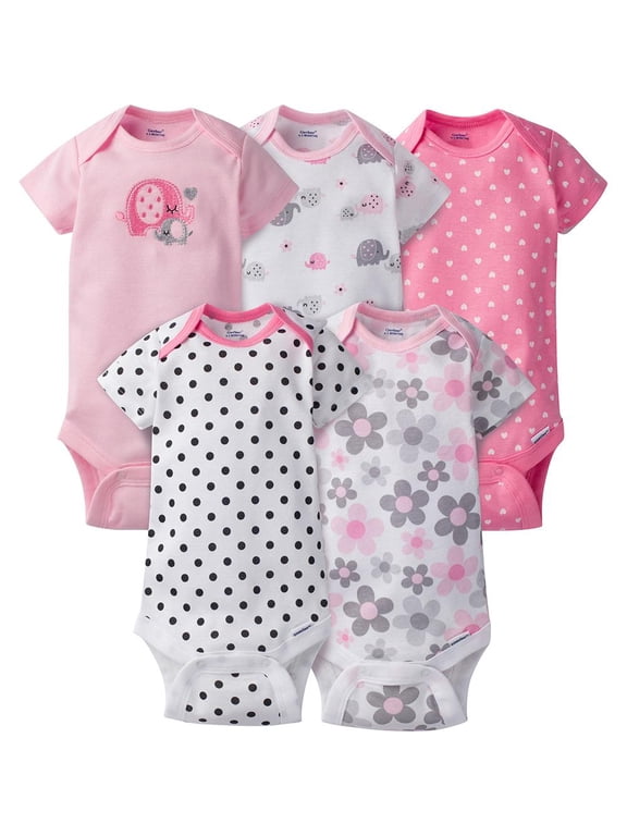 5-Pack Baby and Infant Girl Elephant Onesies Brand Short Sleeve Bodysuits
