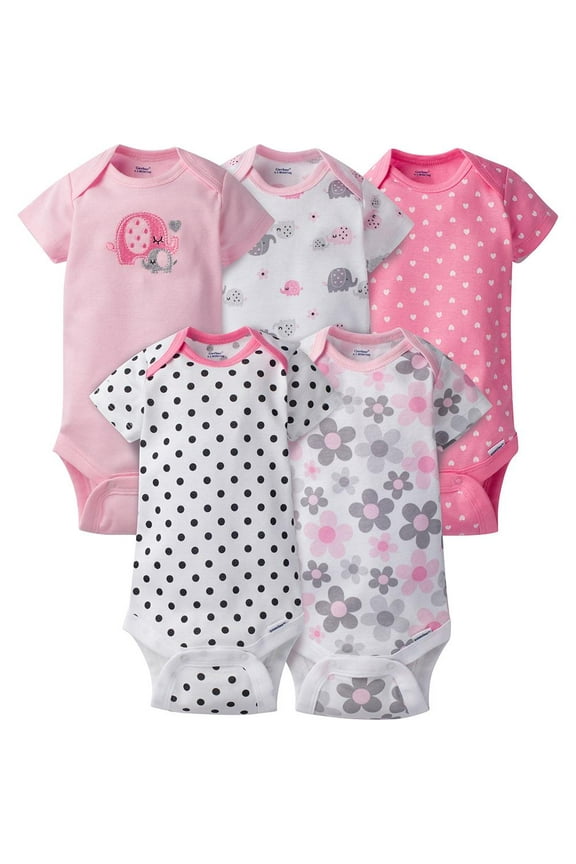 5-Pack Baby and Infant Girl Elephant Onesies Brand Short Sleeve Bodysuits
