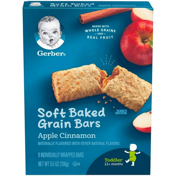 (8 pack) Gerber Soft Baked Grain Bars, Toddler Snacks, Apple Cinnamon Bars, Finger Food, 8PK