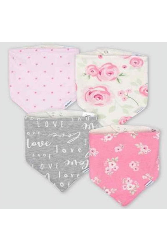 Baby Bibs Girls' 4 pack Set Floral Bandana Pink White Gray Snaps Cotton