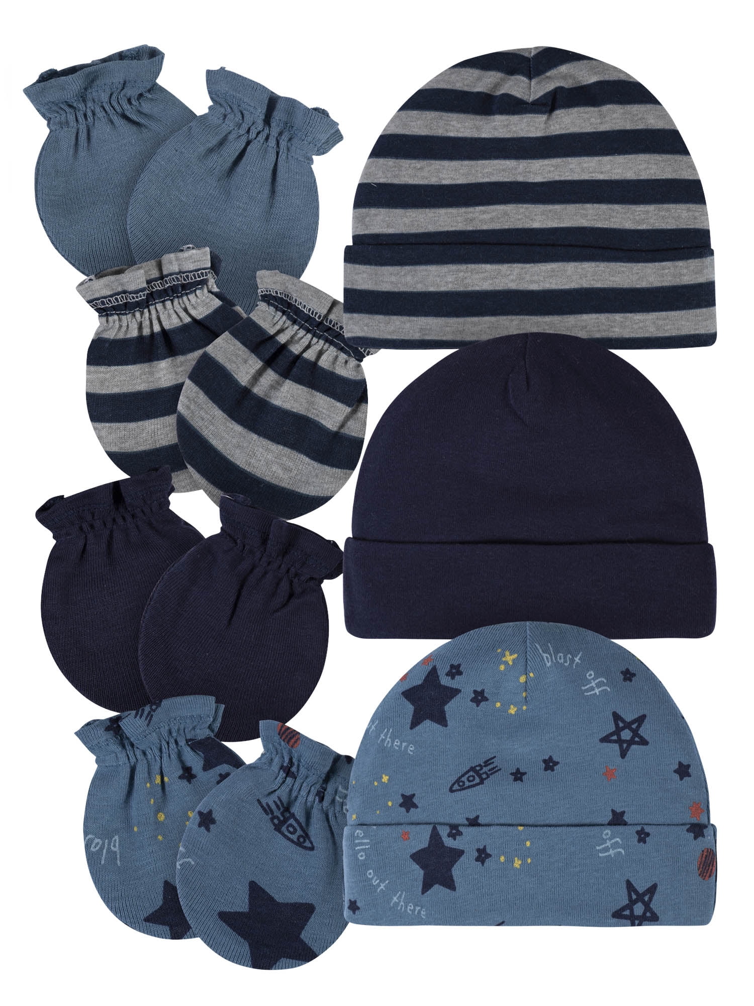 Gerber Baby Boy Caps & No Scratch Mittens Bundle, 7Piece (Newborn0/3 Months)